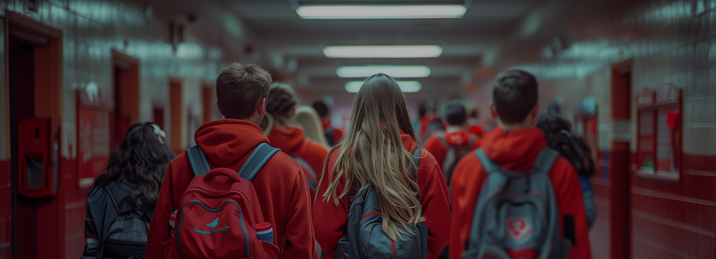 Youth high school students wearing custom spirit wear in school hallways